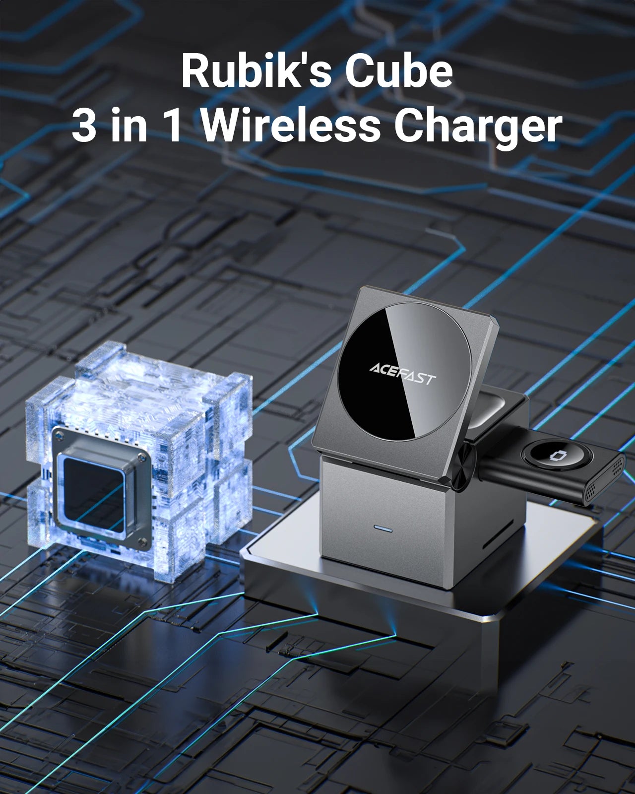 ACEFAST E18 3-in-1 MagSafe Charger Stand Cube With MagSafe15W Max Fast Charging Stand Foldable Wireless Charger For iPhone15