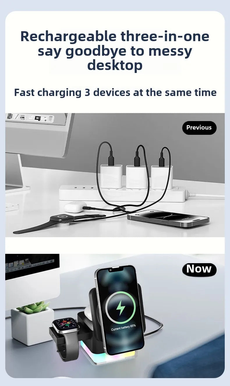 Wireless Fast Charging Station, 3 in 1, High Speed Charger Base, Bedroom Desk, Smartphone Charging Dock, Watch Magsafe