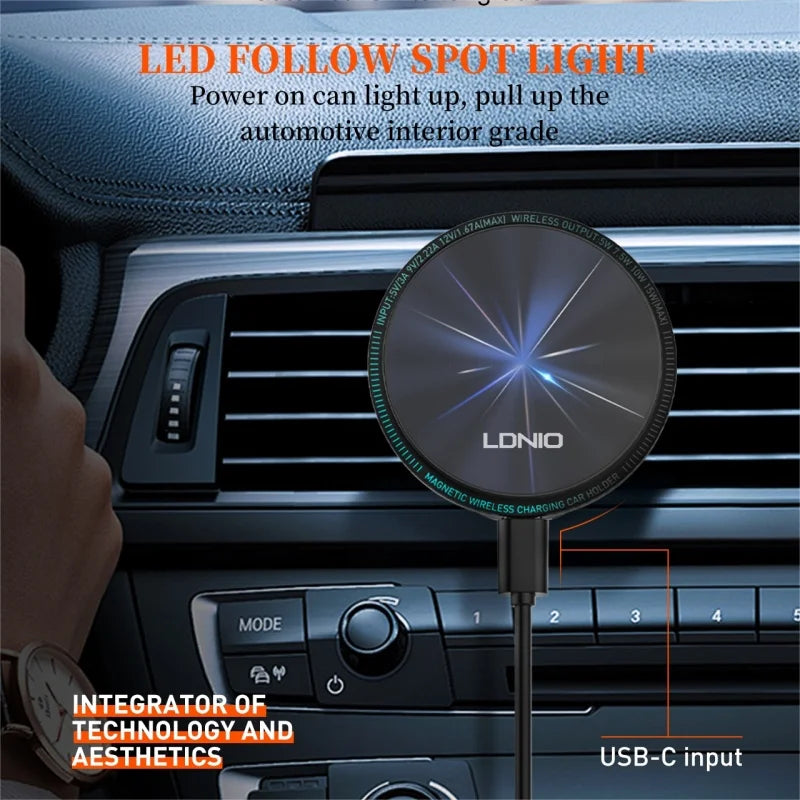 LDNIO Car Phone Holder 15W Wireless Charger For Magsafe Cellphone Grip Tok Magnetic Stand Stabilizer For Iphone 14 15 16 Pro Max