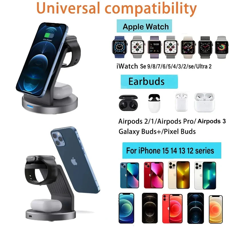 3 In 1 Magnetic Wireless Charger Stand for iPhone 15 14 13 12 Apple Watch AirPods Magsafe Fast Charging Protection Station Dock