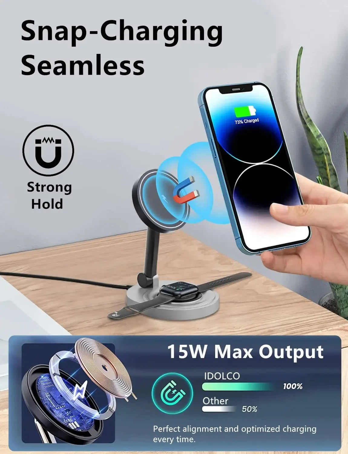 2-in-1 Magnetic Wireless Charger  Foldable Stand for MagSafe 15W Fast Charging Dock Station for Apple Watch iPhone 15/14/13/12