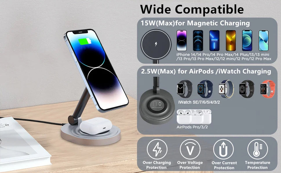 2-in-1 Magnetic Wireless Charger  Foldable Stand for MagSafe 15W Fast Charging Dock Station for Apple Watch iPhone 15/14/13/12