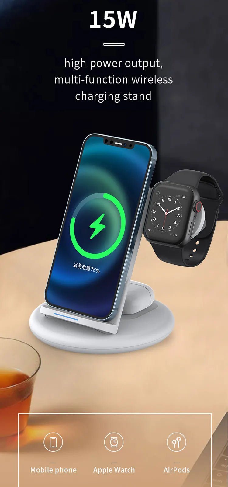 WiWU 3 in 1 Wireless Charger 15W Portable Design Wireless Charging for iPhone 16 15 14 13 12 With Stand Charge for Airpods Watch