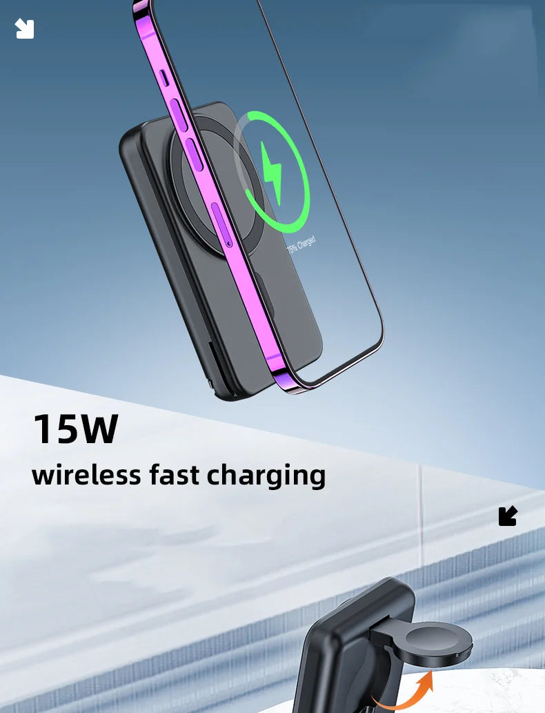 10000mAh Magnetic Power Bank 3 in 1 Wireless Fast Charger Stand External Auxiliary Battery For Magsafe iPhone Apple Watch