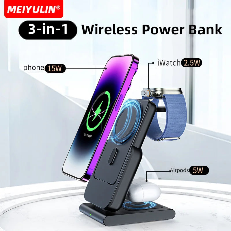 10000mAh Magnetic Power Bank 3 in 1 Wireless Fast Charger Stand External Auxiliary Battery For Magsafe iPhone Apple Watch