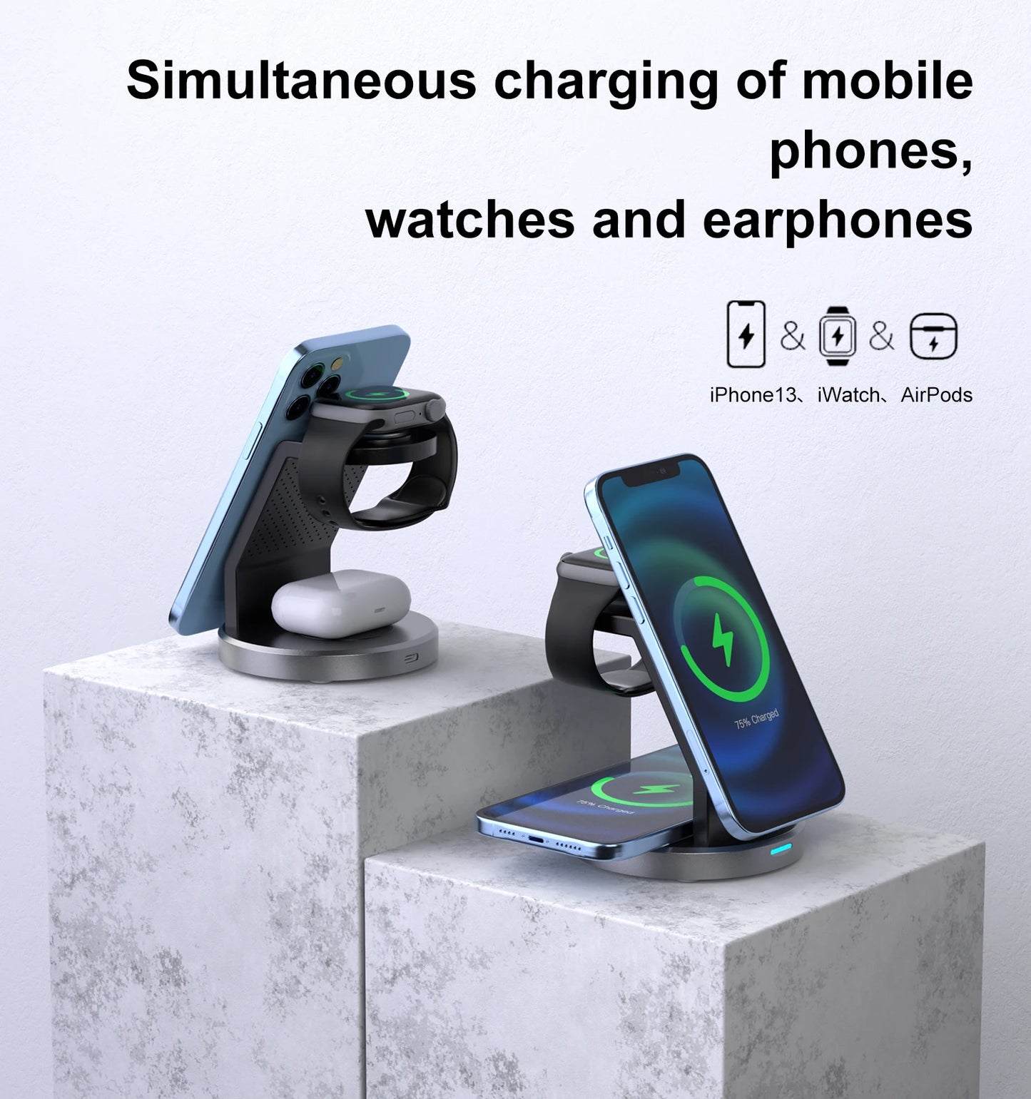 3 In 1 Magnetic Wireless Charger Stand for iPhone 15 14 13 12 Apple Watch AirPods Magsafe Fast Charging Protection Station Dock