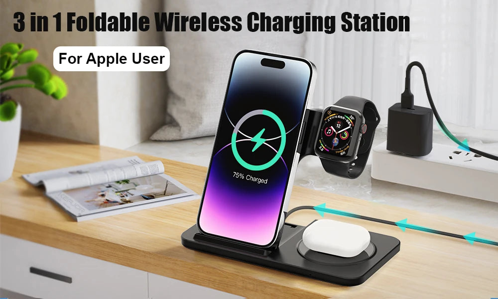 3 in 1 Wireless Charger for Iphone 16 15 14 13 12 Pro Max Apple Watch and Airpods Wireless Charger for Apple Fast Charge Type C