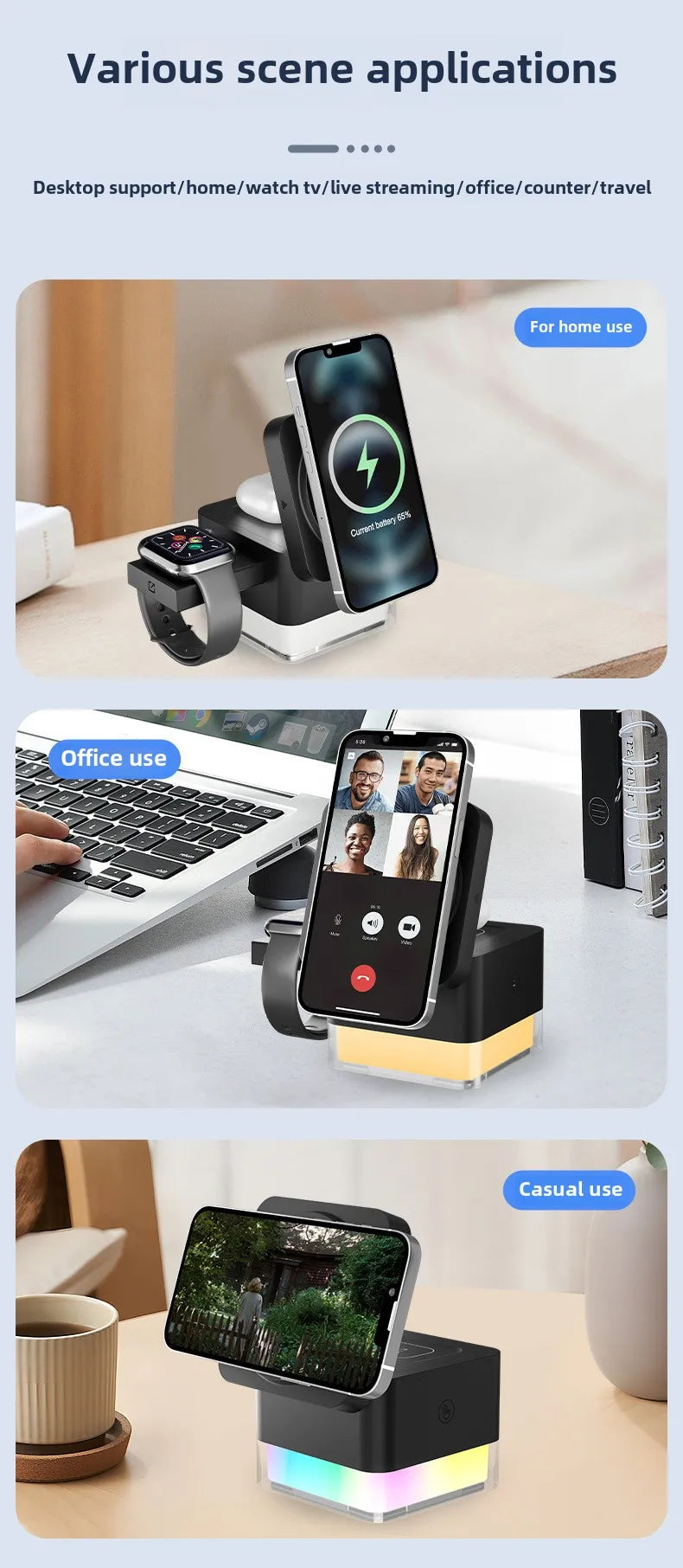 Wireless Fast Charging Station, 3 in 1, High Speed Charger Base, Bedroom Desk, Smartphone Charging Dock, Watch Magsafe