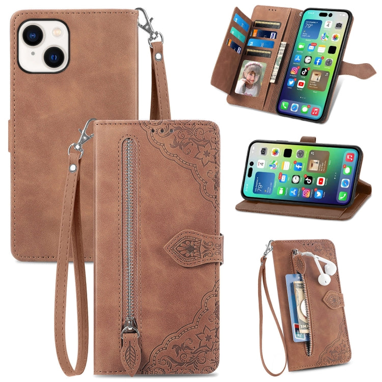 Embossed Flower Zipper Leather Phone Case