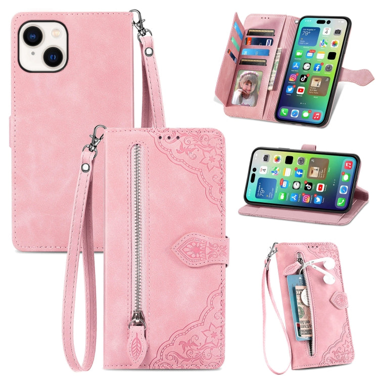 Embossed Flower Zipper Leather Phone Case