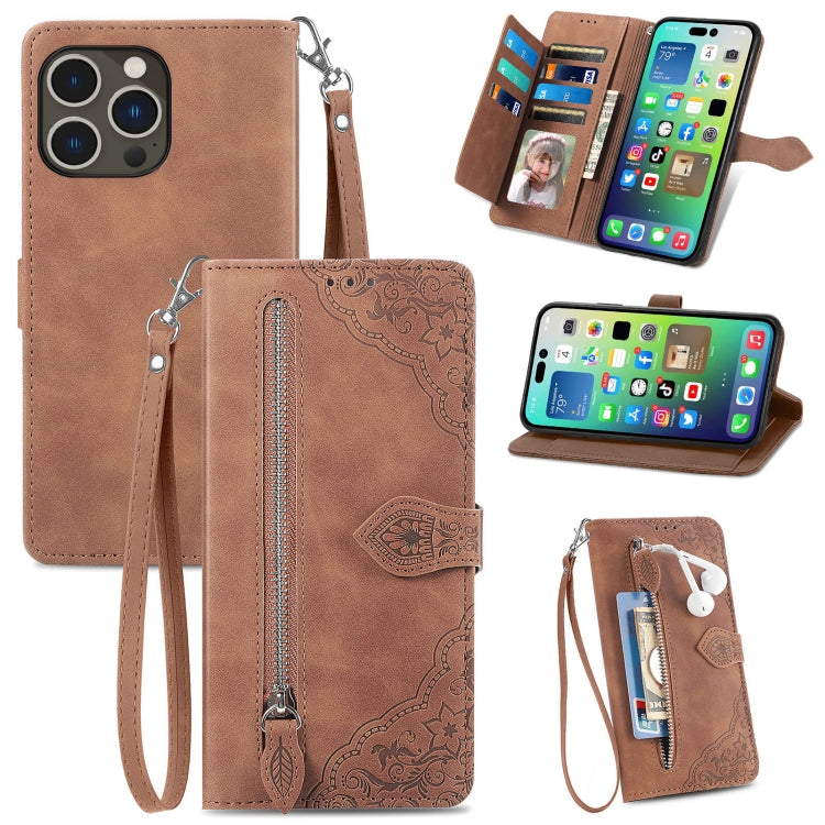 Embossed Flower Zipper Leather Phone Case