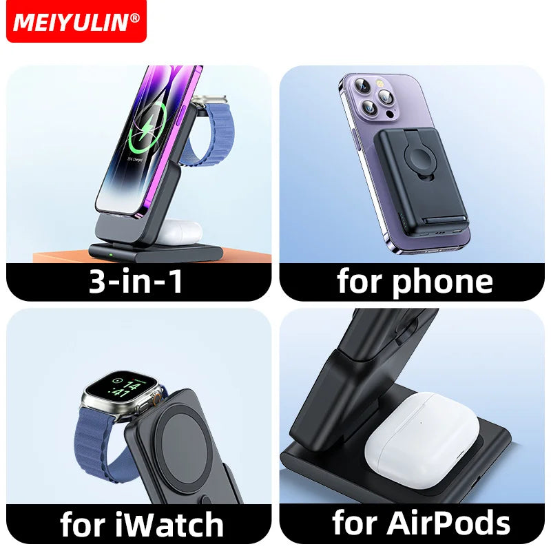 10000mAh Magnetic Power Bank 3 in 1 Wireless Fast Charger Stand External Auxiliary Battery For Magsafe iPhone Apple Watch