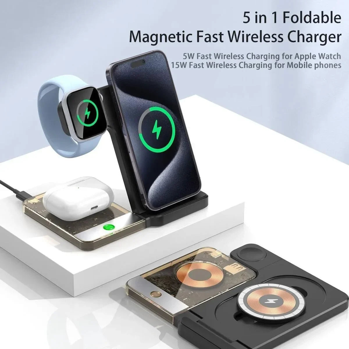 Wireless Charging Station for Magnetic Charging Stand for iPhone Series 15/14/13/12 iWatch Ultra/8/7/6/5 AirPods 3/2/Pro Samsung