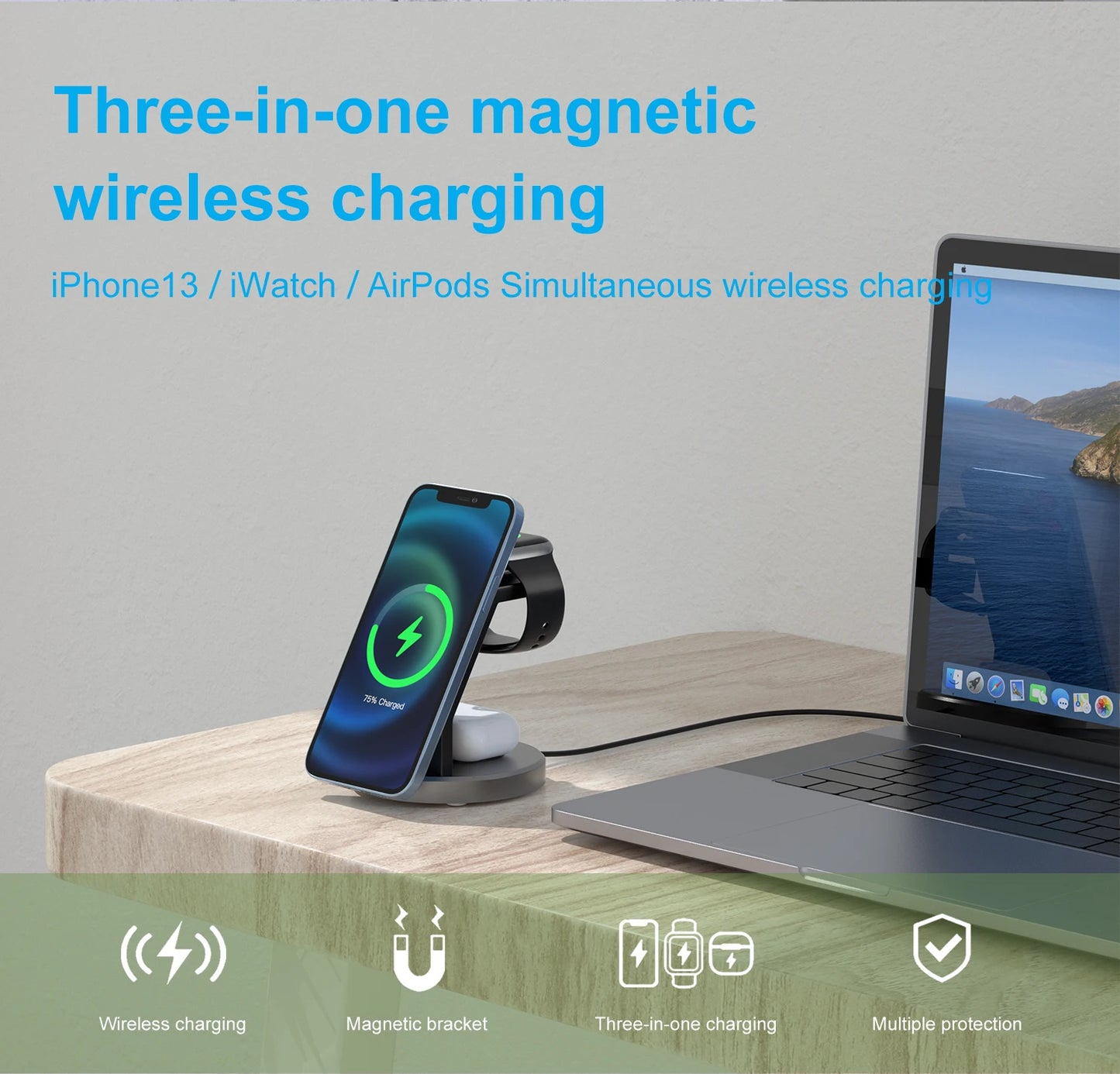 3 In 1 Magnetic Wireless Charger Stand for iPhone 15 14 13 12 Apple Watch AirPods Magsafe Fast Charging Protection Station Dock