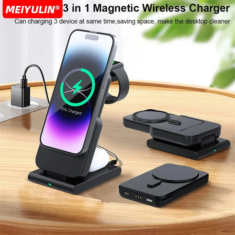 10000mAh Magnetic Power Bank 3 in 1 Wireless Fast Charger Stand External Auxiliary Battery For Magsafe iPhone Apple Watch