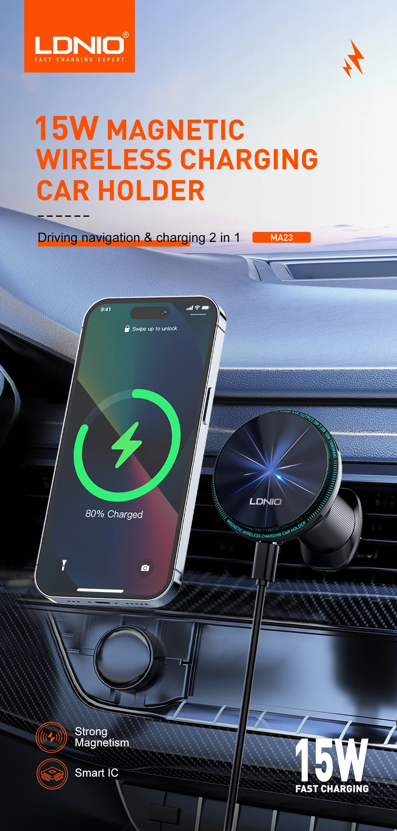 LDNIO Car Phone Holder 15W Wireless Charger For Magsafe Cellphone Grip Tok Magnetic Stand Stabilizer For Iphone 14 15 16 Pro Max