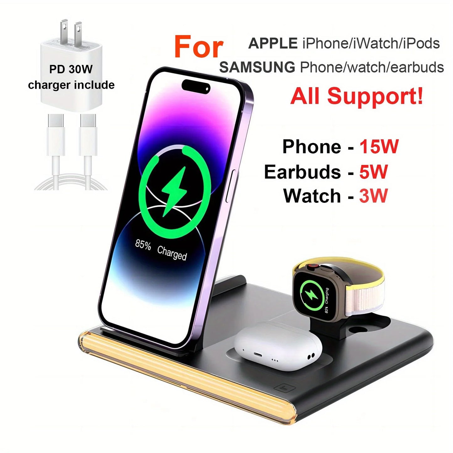 4 in 1 Fast Charing Wireless Charger Station with 30W PD Charger for IPhone/ Samsung All Phones and Watches