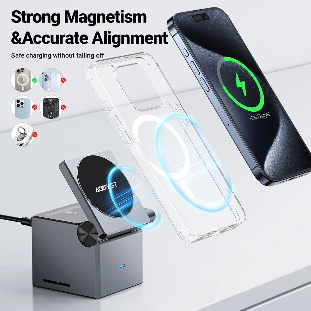 ACEFAST E18 3-in-1 MagSafe Charger Stand Cube With MagSafe15W Max Fast Charging Stand Foldable Wireless Charger For iPhone15