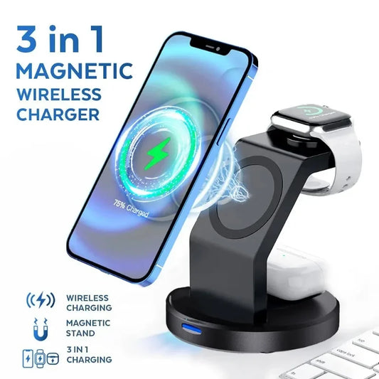 3 In 1 Magnetic Wireless Charger Stand for iPhone 15 14 13 12 Apple Watch AirPods Magsafe Fast Charging Protection Station Dock