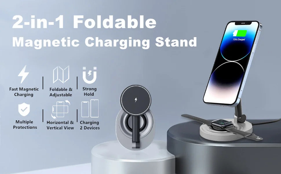 2-in-1 Magnetic Wireless Charger  Foldable Stand for MagSafe 15W Fast Charging Dock Station for Apple Watch iPhone 15/14/13/12