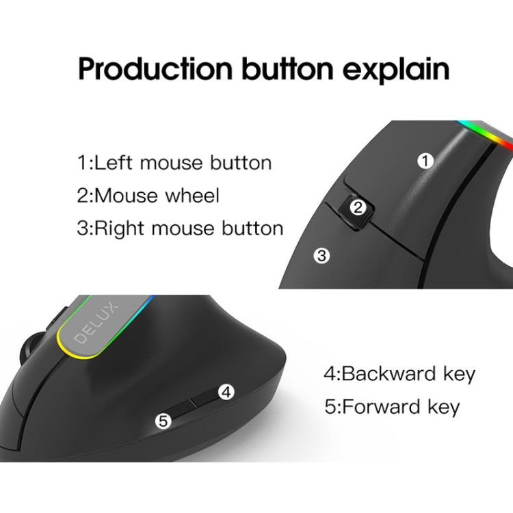 DELUX M618C 6 Keys 1600 DPI RGB Vertical Wireless Bluetooth Dual Mode Mouse