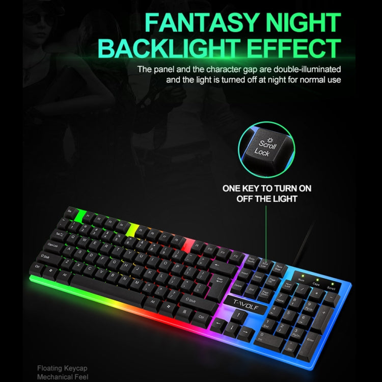 T-WOLF TF230 Colorful Light Effect Game Office Computer Wired Keyboard and Mouse Kit, TF230 (Black), TF230 (White)