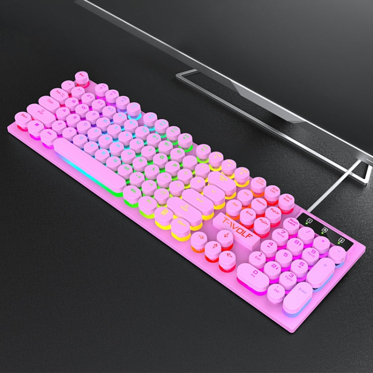 T-WOLF T80 104-Keys RGB Illuminated Office Game Wired Punk Retro Keyboard, Black, Pink, White