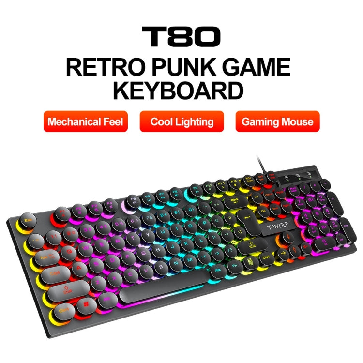 T-WOLF T80 104-Keys RGB Illuminated Office Game Wired Punk Retro Keyboard, Black, Pink, White