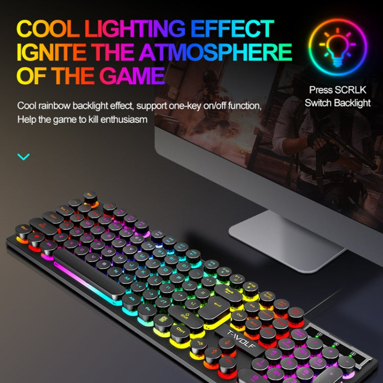 T-WOLF T80 104-Keys RGB Illuminated Office Game Wired Punk Retro Keyboard, Black, Pink, White