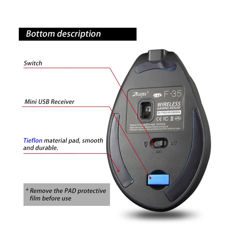 ZELOTES F35 6-buttons Vertical Grip Ergonomic Rechargeable Wireless Mouse