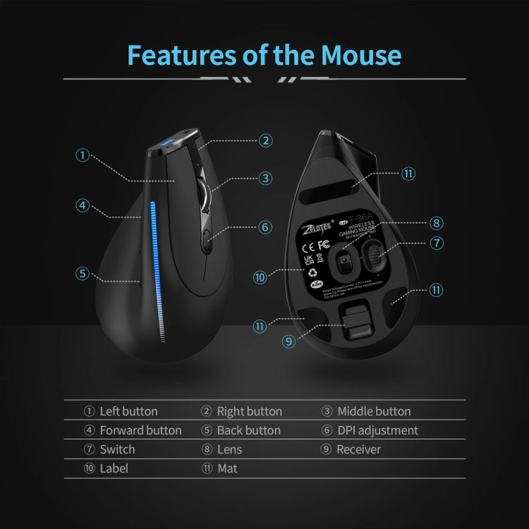 ZELOTES F36A 6-Buttons Vertical Grip Ergonomic Rechargeable Wireless Mouse