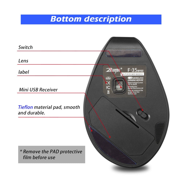 ZELOTES F-35A 6-Buttons Vertical Grip Ergonomic Rechargeable Wireless Mouse