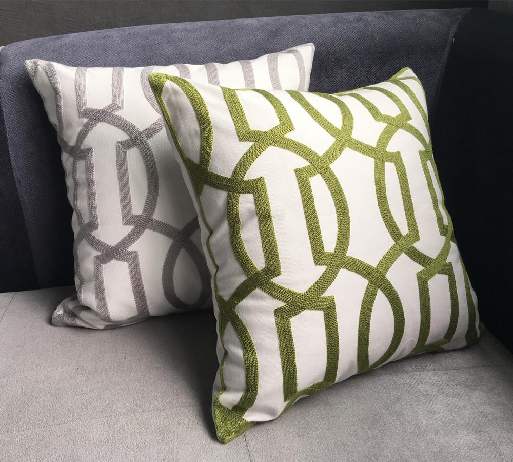 Modern Geometric Cord Embroidery Gray & Green Cotton Cushion Cover 45 X 45 Cm - GALAXY PORTAL