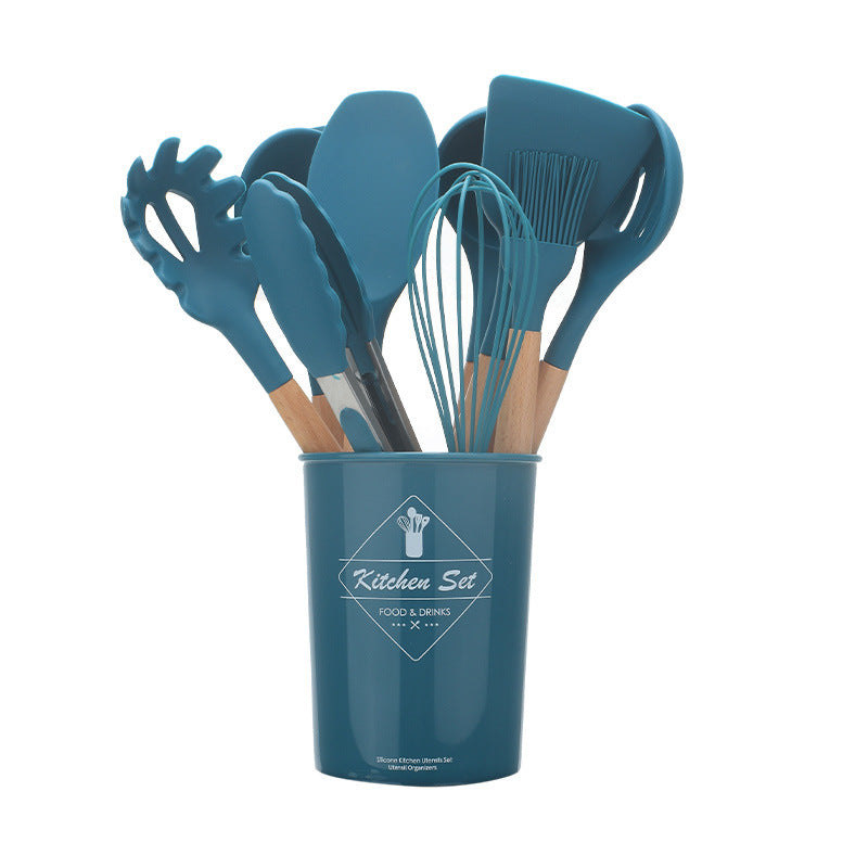 Storage bucket wooden handle silica gel kitchen utensils 11 sets of seven colors silica gel kitchen utensils 11 sets - GALAXY PORTAL