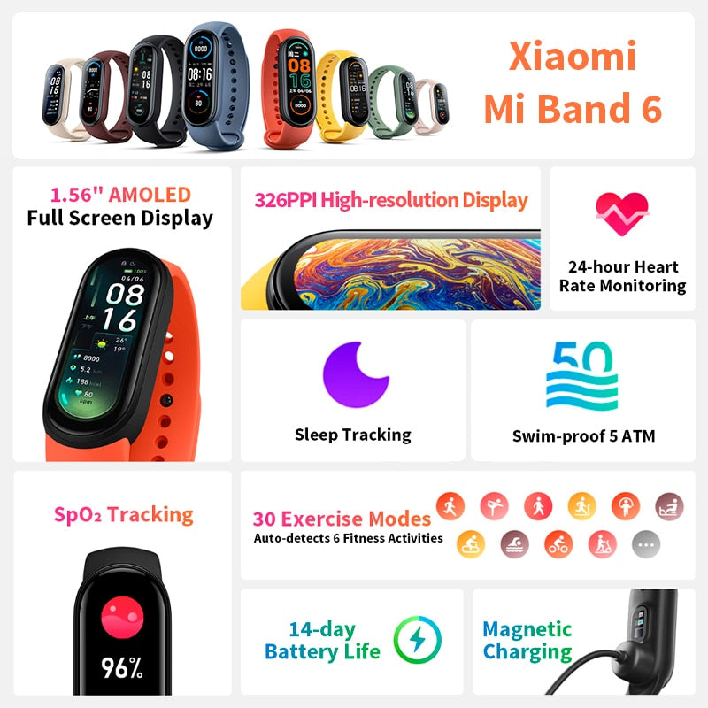 Xiaomi Mi Band 6 Smart Bracelet 1.56 AMOLED Display Blood Oxygen Fitness Traker Heart Rate Bluetooth Waterproof Miband 6