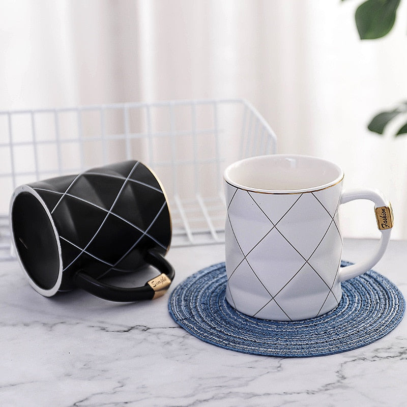 Nordic Golden Black and White Grid Geometry Ceramic Coffee Mug Porcelain Juice Drinking Cup Coffee Milk Tea Cup