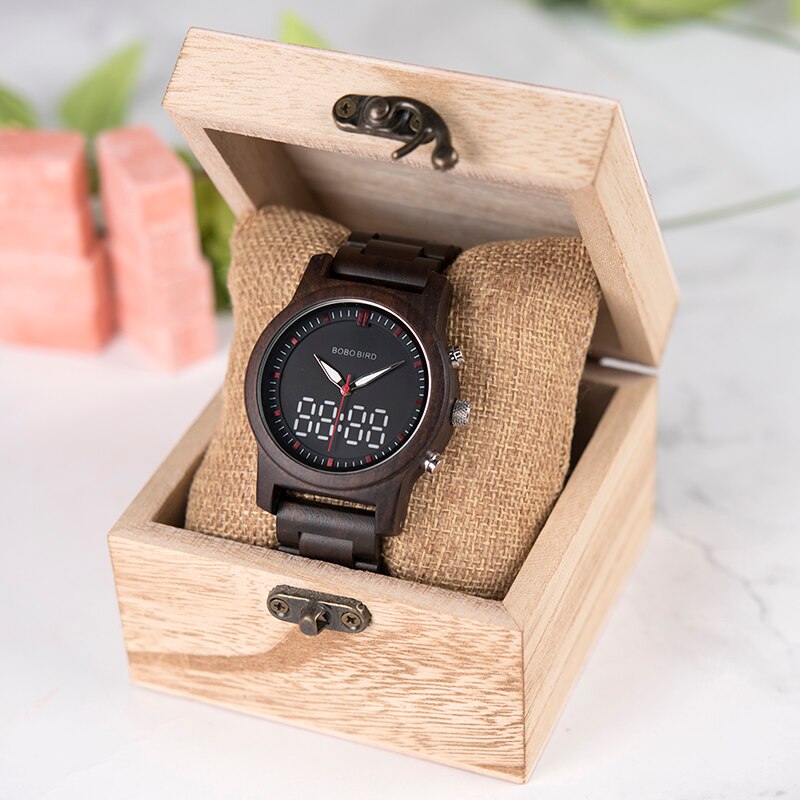BOBO BIRD Men Watches Digital Wood Quartz Wristwatch Man Dual Display Wooden Watch For Men
