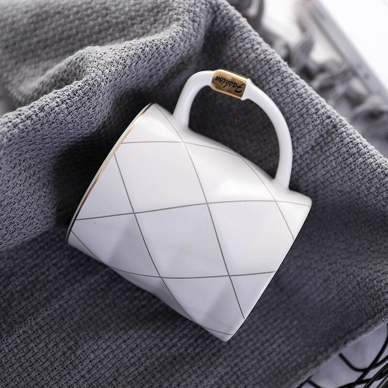 Nordic Golden Black and White Grid Geometry Ceramic Coffee Mug Porcelain Juice Drinking Cup Coffee Milk Tea Cup