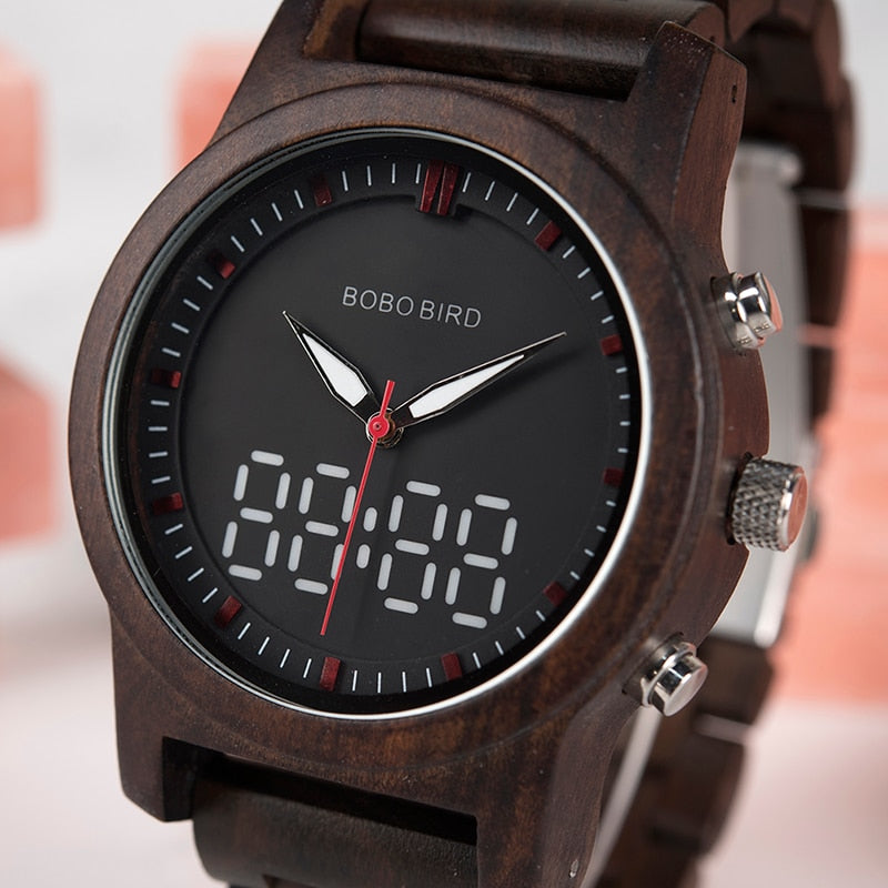 BOBO BIRD Men Watches Digital Wood Quartz Wristwatch Man Dual Display Wooden Watch For Men