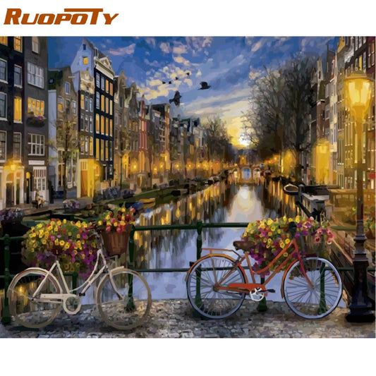 *Painting By Numbers* DIY RUOPOTY Frame Amsterdam Oil Landscape Calligraphy Painting Acrylic Paint On Canvas For Home Decor Artwork